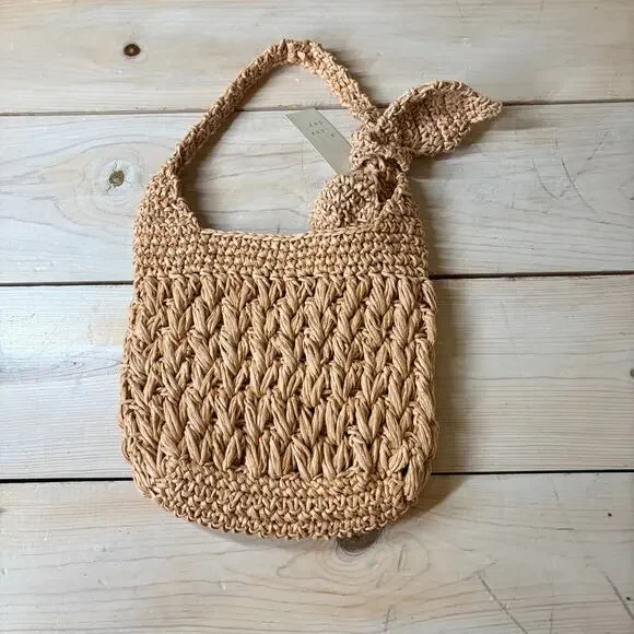 A New Day NWT Women's Straw Woven Tie-Top Shoulder Bag Light Brown Adj Strap - Picture 7 of 8
